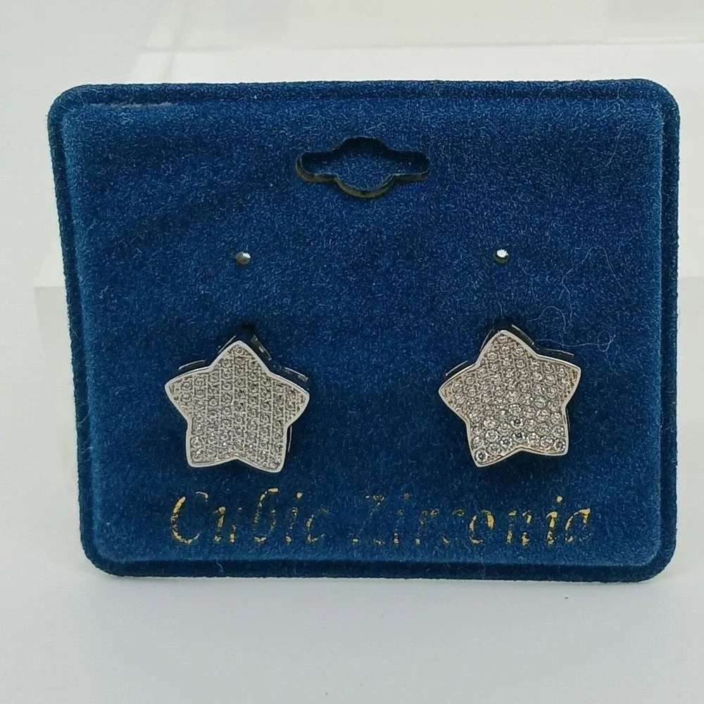 Vintage 1990s Silver Tone Cubic Zirconia Star Stud Micro Pave Earrings Deadstock